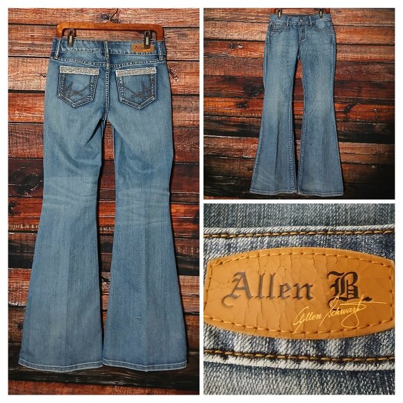 Allen B Vintage Jeans Size 6 Flared Bell Bottom Rhinestone Low Rise Blue Denim - Picture 1 of 9
